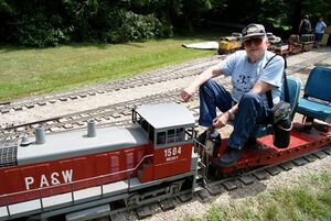Clint Ensworth at the throttle on his PA&W railroad in July 2010.