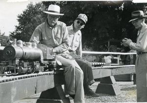 At GGLS--Redwood Regional Park--Oakland with uncompleted 1" 0-6-0 SP switch engine. Larry Duggan at the right. Larry was the Founder of the GGLS newsletter, "The Callboy". Photo provided by Ken Shattock.