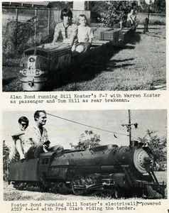 Top: Alan Bond running Bill Koster's F-7 with Warren Koster as passenger and Tom Hill as rear brakeman. Bottom: Foster Bond running Bill Koster's electrically powered ATSF 4-6-4 with Fred Clark riding the tender. From Floridan Live Steamers Yearbook 1975. Photos by Bill Koster.