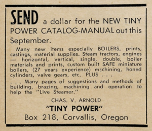 Tiny Power advertisement in "The Miniature Locomotive", Sep-Oct 1953.