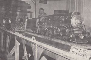 Frank Dee's 3/4 inch scale 4-8-4 at the first Model Engineer Show of the Golden Gate Live Steamers, which produced sufficient funds for the club to build a 12/x20 foot old time station house at their track in the Redwood Regional Park, Oakland. From The North American Live Steamer, Volume 1, Number 2, 1956.