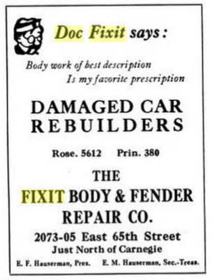 Doc Fixit's Body & Fender Repair Company, from The Ohio Motorist, April 1921, Volume 13.