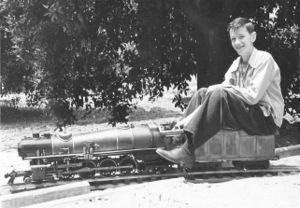 Gordon Corwin's son, Gordon Jr, on their 3/4 inch scale Little Engines 4-8-4, circa 1957. Photo provided by Stephen Quandt.