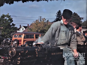 Norman Steele running his 3-1/2 inch gauge 4-4-2 #1101 at NELS Meet, Danvers, MA, 1945 (Screenshot photo from YouTube video).