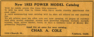 Coles Power Models advertisement for their 1933 Catalog in "The Modelmaker", September 1932.