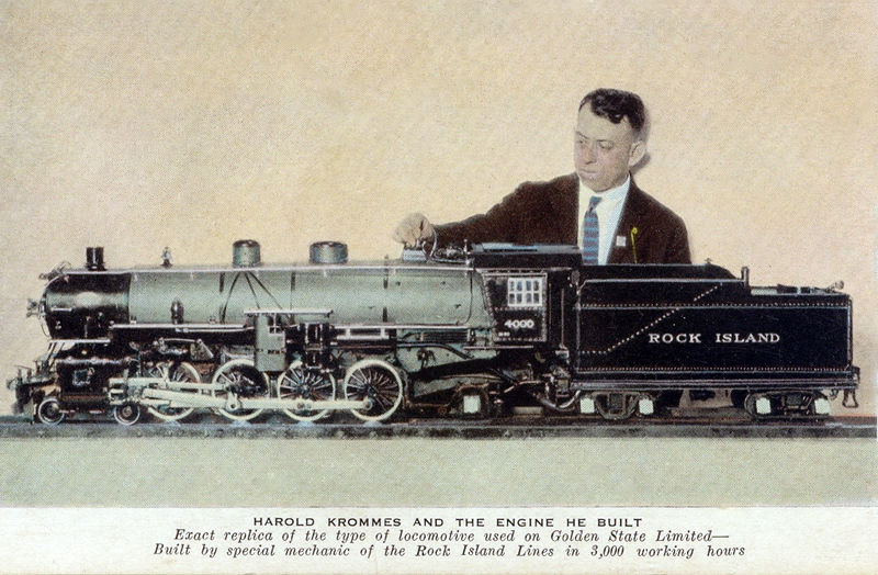 File:Harold Krommes and the working Model Engine he built for the Rock Island Railroad..jpg