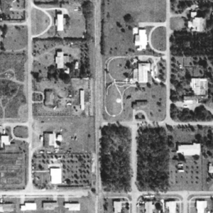 Aeriel view of Bill Koster's railroad at 1900 Northwest 9th Ave, Homestead, Florida, 1980.