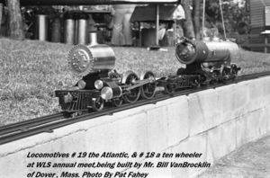 Bill Van Brocklin's #19 and #18 at the Waushakum Live Steamers annual meet 1977. Photo by Pat Fahey.