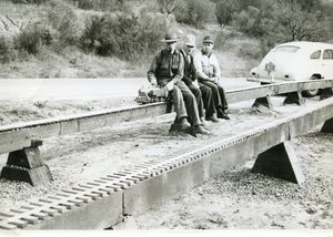 L-R: Barney Emerson, Vic Shattock, and Larry Duggan at GGLS-Redwood Park--1949. Larry was the originator of the club bulletin, "The Callboy". The engine is Vic's 0-4-2 tank loco--a twin of Harry's "Dixie Dee". From the Harry Dixon collection.