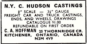 Advertisement for C.A. Hoffman, offering 3/4 inch scale NYC Hudson Castings, from Live Steam Magazine, July 1975.