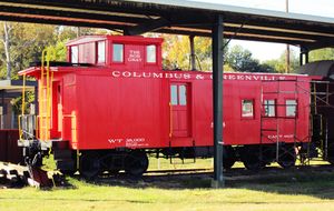Columbus and Greenville Railway wooden caboose "The Bob Gray" on display in Columbus, Mississippi.