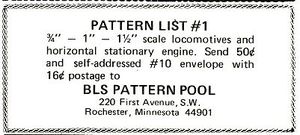 Advertisement for the BLS Pattern Pool, from Live Steam Magazine, April 1972.