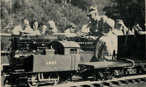Gordon Corwin's Anny, a copy of Carl Purinton's Granny loco. Gordon is seen in background aboard his 3/4 inch 4-8-4.