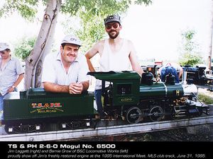 Jim Leggett and Berie Grow proudly show off Jim's freshly restored 2-6-0 Mogul type loco at the Montreal Live Steamer's meet, 31 June 1995. The engine was built by Jim's grandfather Jim Turnbull in 1973. Photo by James W. Leggett. From TrainNet.org.