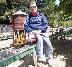 Gordon French poses with his 3.5 inch gauge "Tich" at the Golden Gate Live Steamers track, 2015.