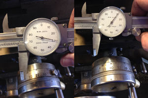 I use my dial calipers as a poor man's DRO (digital readout). I take an initial measurement with the dial calipers. With each cut I decrease the dial calipers by that amount. I continue taking 20 mil (0.020 inches) cuts across the tread until I am withing 40 mils of the final measurement. Then I stop the lathe and take a measurement, and slowly "sneak up" on the final measurement, taking 10 or even 5 mil cuts.