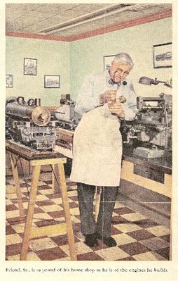 Lester Friend in his home shop in Beverly, MA in the 1950s. His 1" scale "Yankee Shop" 4-4-2, nearing completion, is behind him.
