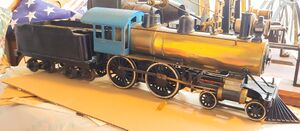A 3-1/2 inch gauge 4-4-0 live steamer by Albert Campbell. Photo by Carey Williams, Sept 2021.