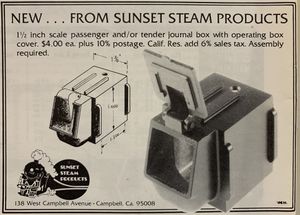 Sunset Steam Products advertisement for journal boxes from Live Steam Magazine, January 1980.