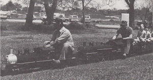 Matt Nussbaum of Vicksburg, Mississippi, on Terry McGrath's Mogul doubled-headed with Ken Stemen of West Bloomfield, Michigan, on his much traveled No. 715 Pacific, at the Mid-South Live Steamers 16h Annual Spring Meet, May 6-8, 1983. From Live Steam Magazine, February 1984.