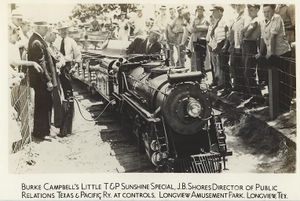 Burke Campbell's Little T&P Sunshine Special, J.B. Shores Director of Public Relations Texas & Pacific Ry. at Controls. Longview Amesement Park, Longview, Texas. Photo by Cody B. Culpepper.