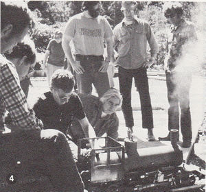 Dick Shelburg, Jacques Littlefield, Dick Thomas, Don Kepfer and (standing) Glenn Peterson, Chuck Aldrich and Tom Shine at first test run of "Baby Consolidation".