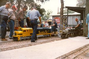 Kenny Rhodes at the throttle of a Koster's Miniature Railroad Supply diesel at the Annetta Valley & Western Railroad. Photo by Tom Stamey.