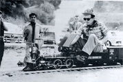 Bob Harpur on the Little Engines demonstrator train at the Los Angeles Live Steamers Golden Spike ceremony, 5 May 1957.