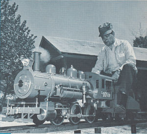 Paul Brien of Nashville, Tennessee with his 1.5 inch scale 0-6-0 at the Mid-South Live Steamers Spring Meet at Austin Barr's track in Whitehall, Arkansas. Photo by Johnnie M. Gray. This photo appeared on the cover of Live Steam Magazine, August 1971.