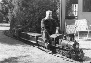 Carl Purinton on his 7-1/4 inch gauge Mogul at his Boxford Outer Belt Railroad. Photo by Bob MacMillan.