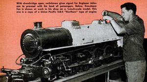 Live-steam fan is shown at work in his shop on a 1-1/2 inch scale model. This one is a copy of a Union Pacific 4-8-4 "Northern" type of engine